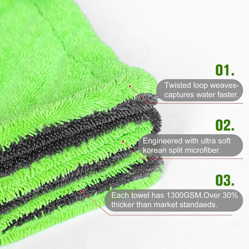 Singrune 2 Pack XL Car Drying Towel – 1300GSM Ultra Absorbent Microfiber, 24"x36" Large Size, Twisted Loop, Lint-Free & Streak-Free for Auto Detailing, Car, SUV, Truck (Gray-Green) - Image 5